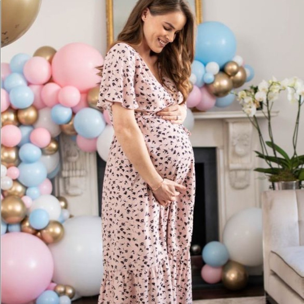 Maternity Flutter Sleeve Midi Dress in Blush with Floral Print